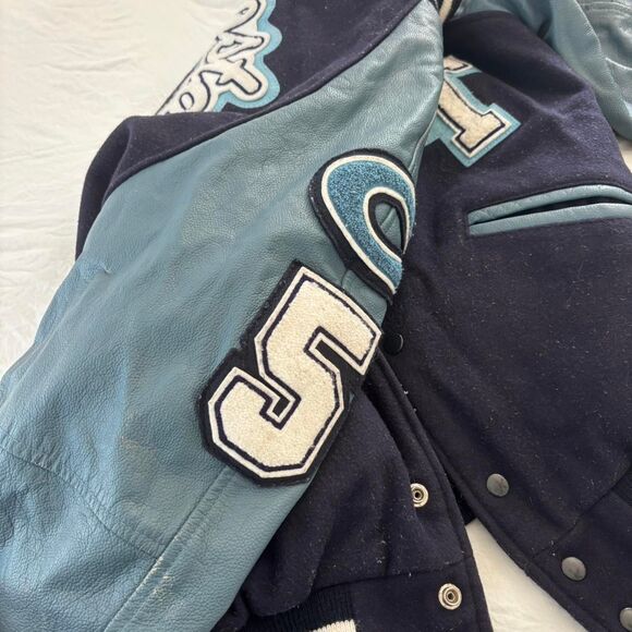 VINTAGE Letterman Blue Navy Women's Leather Varsity Oversized Large Felt Jacket - Picture 3 of 4